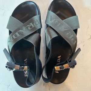 Prada Nylon and leather sandals in Tundra green and black leather